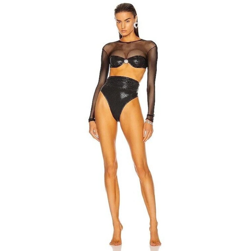 Alessandra Rich High Waisted Net Sleeve Bikini Set Black Swim